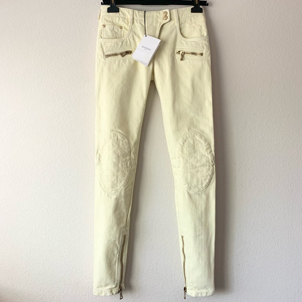 Balmain lion head quilted moto jeans